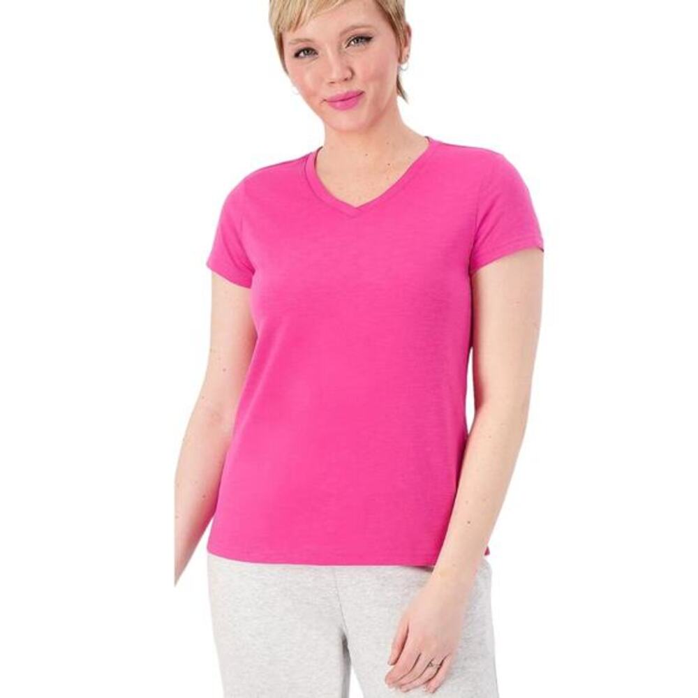 Muk Luks Women's XL Pink Slub Knit V Neck Short Sleeve Casual T-Shirt Top